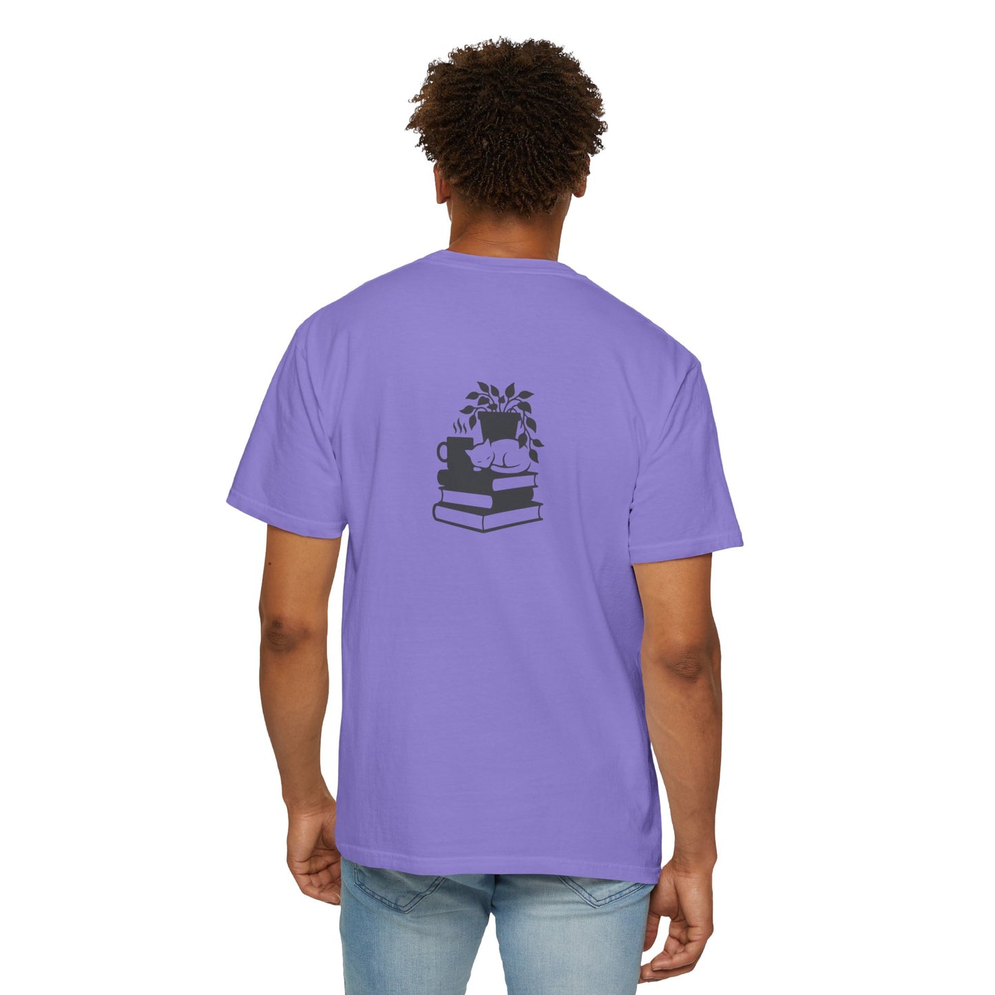 Cozy Cat on Books T-Shirt | Reading Tea Stack Illustration