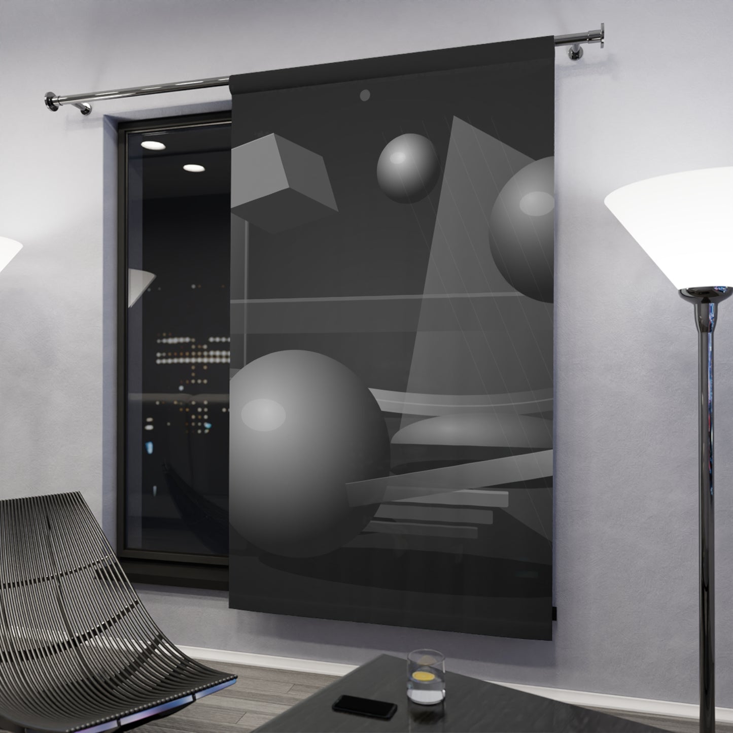 Black and gray abstract geometric spheres window curtain featuring modern design, ideal for contemporary home decor.