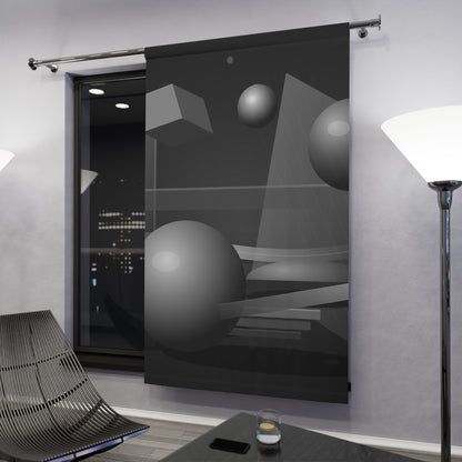 Black and gray abstract geometric spheres window curtain featuring modern design, ideal for contemporary home decor.