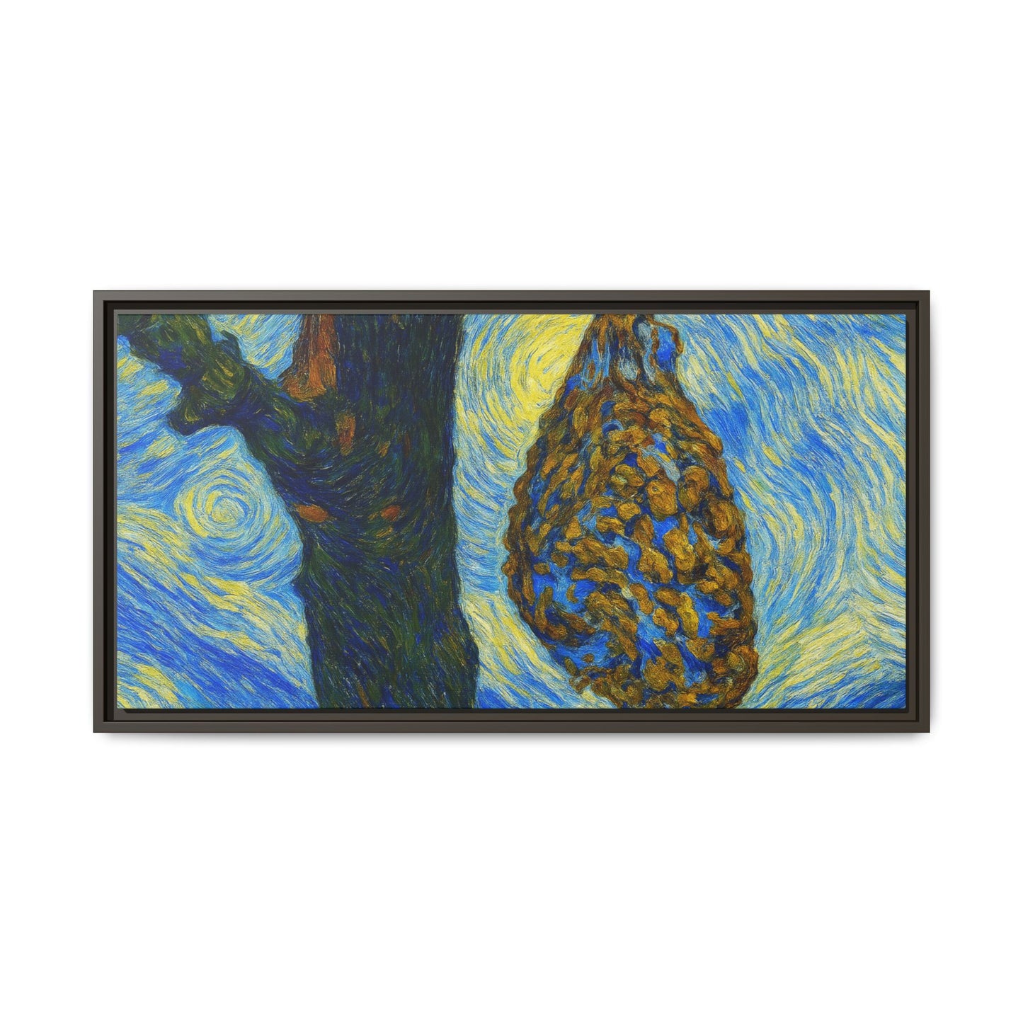 Framed Matte Canvas Art — Van Gogh-Style Swirling Night with Hanging Beehive