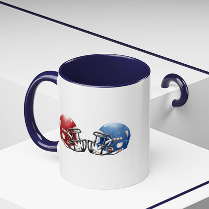 Football Helmet Coffee Mug — Red vs Blue Rivalry Accent Mug (11/15oz)
