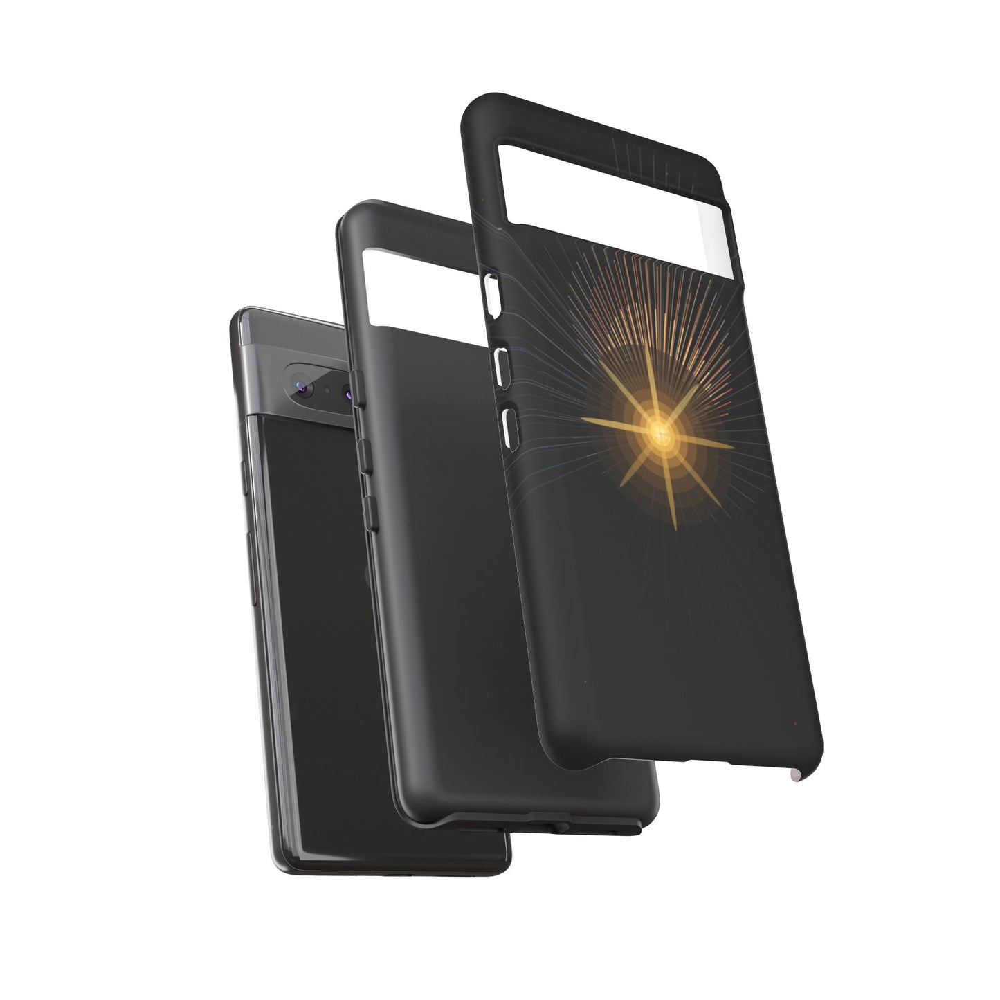Tough Cases - Radiant Star Phone Case, Protective Black Shockproof Cover with Golden Light Design