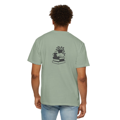 Cozy Cat on Books T-Shirt | Reading Tea Stack Illustration
