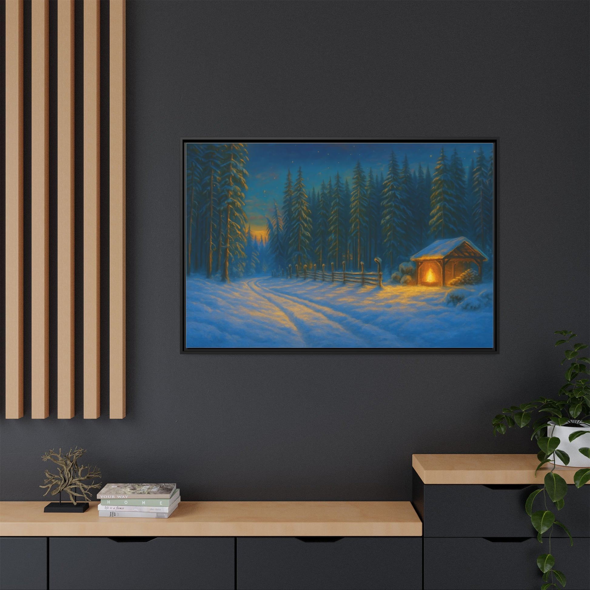 Framed Winter Landscape Canvas, Cozy Cabin Art, Christmas Decor, Winter Home Decor, Holiday Gift, Wall Art - TRV