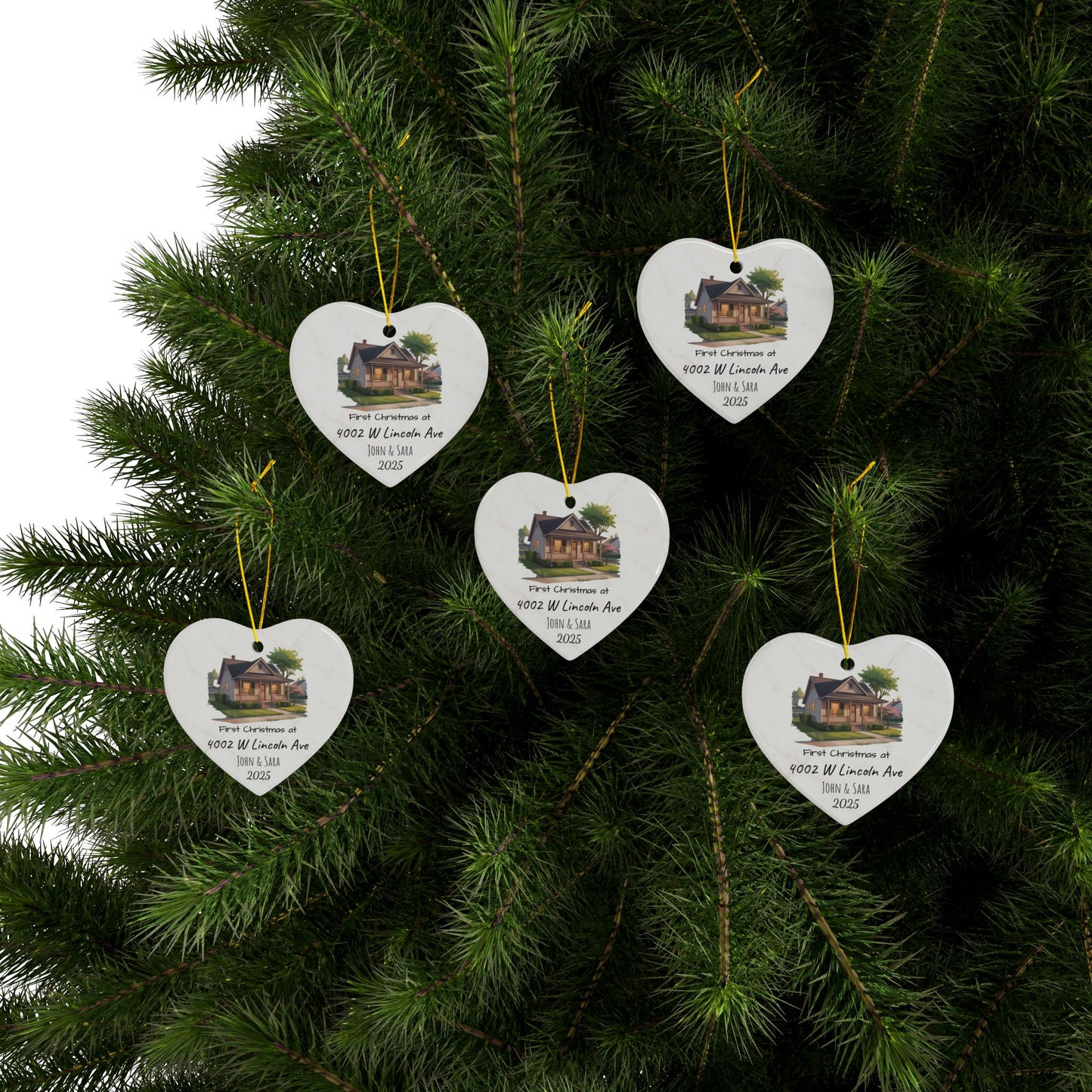 Custom House Illustration Ceramic Ornament | Personalized Address & Names, 2-Side Christmas Ornament - TRV
