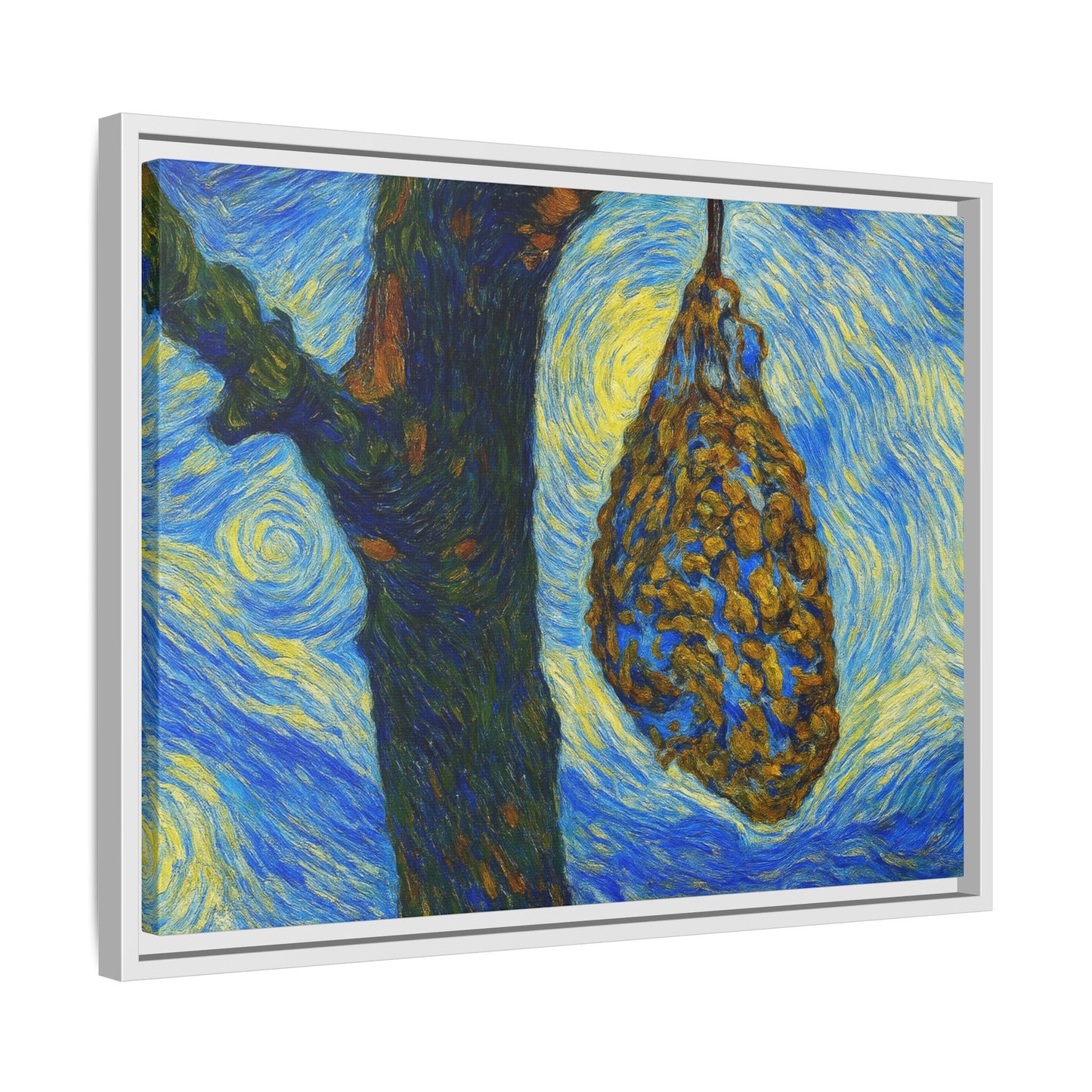 Framed Matte Canvas Art — Van Gogh-Style Swirling Night with Hanging Beehive