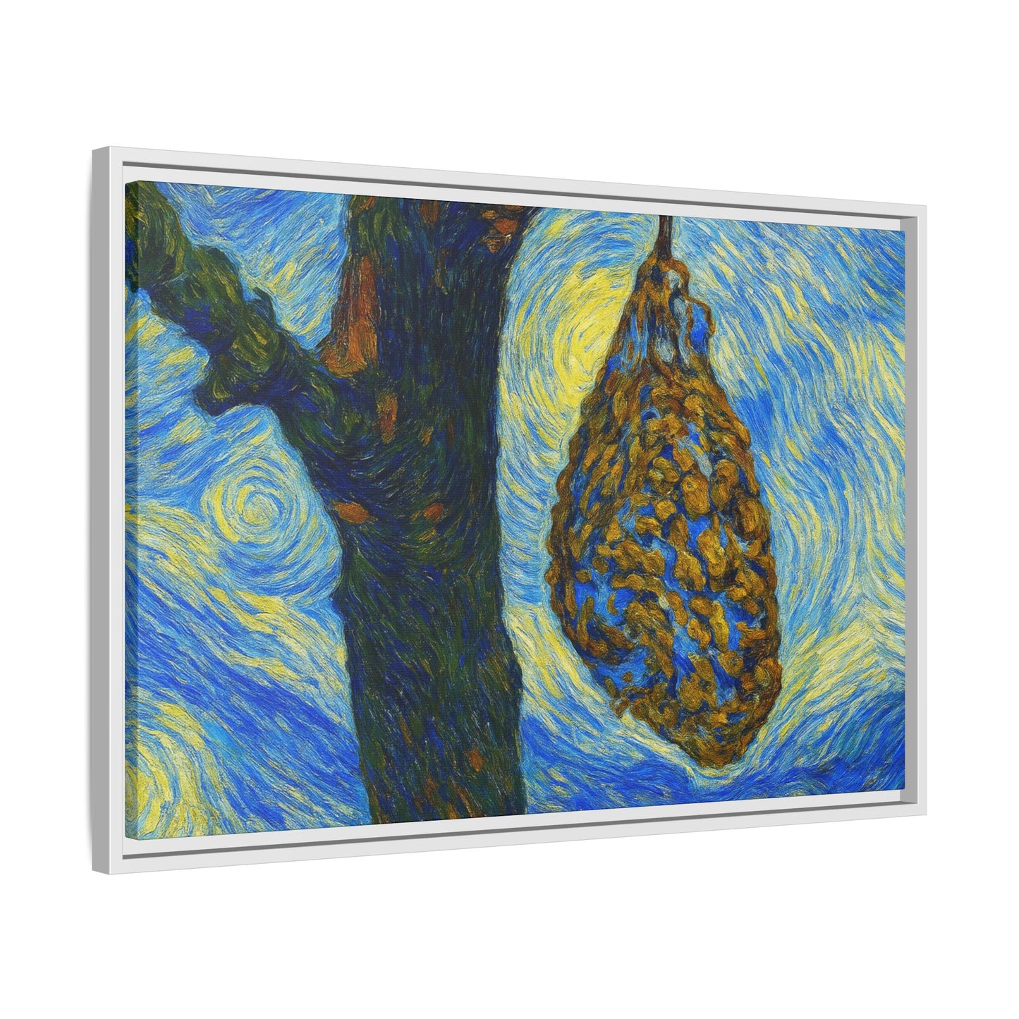 Framed Matte Canvas Art — Van Gogh-Style Swirling Night with Hanging Beehive