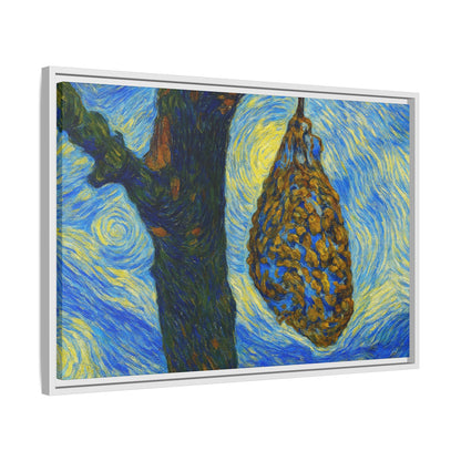 Framed Matte Canvas Art — Van Gogh-Style Swirling Night with Hanging Beehive