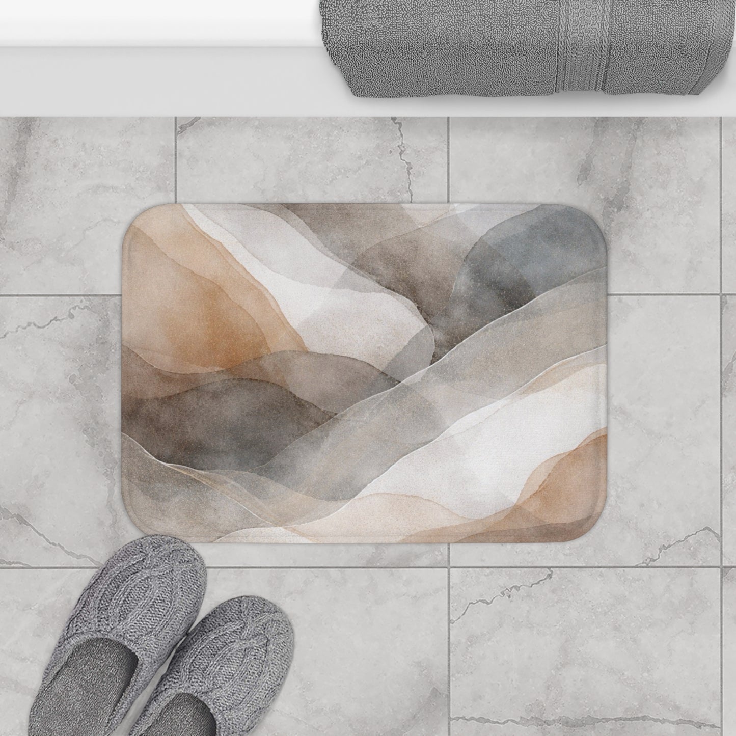 Neutral Watercolor Abstract Bath Mat | Earth Tone Bathroom Rug