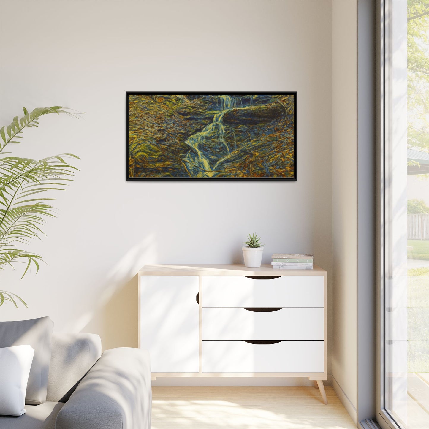 Van Gogh Style Framed Matte Canvas Art Print - Nature-Inspired Wall Decor, Abstract Waterfall Artwork, Home Office Decoration - TRV