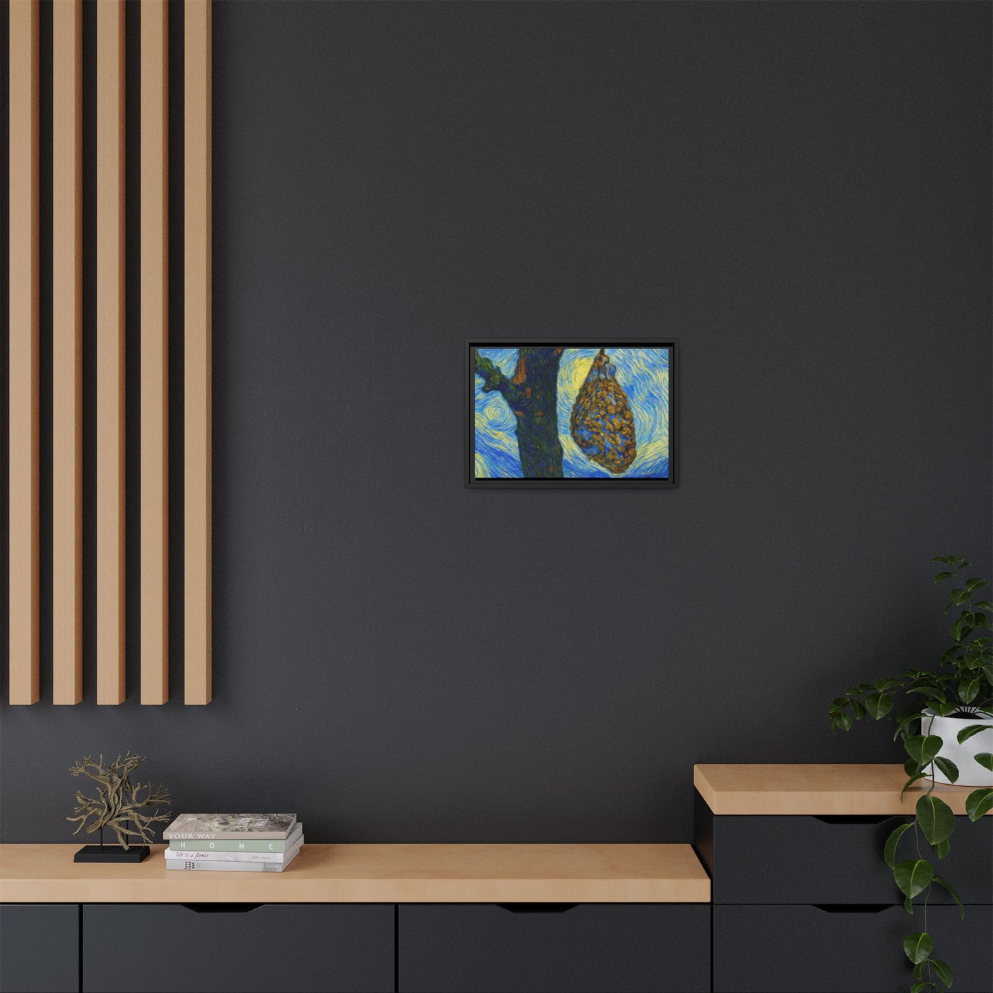 Framed Matte Canvas Art — Van Gogh-Style Swirling Night with Hanging Beehive