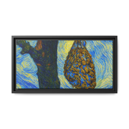Framed Matte Canvas Art — Van Gogh-Style Swirling Night with Hanging Beehive
