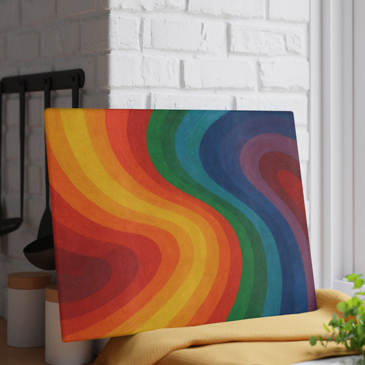 Glass Cutting Board — Retro Rainbow Wave Tempered Glass Chopping Board