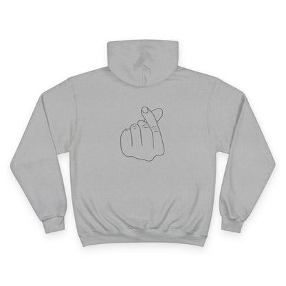 Champion Hoodie with Korean Finger Heart Graphic – Minimal White Pullover