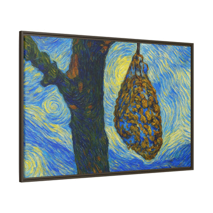 Framed Matte Canvas Art — Van Gogh-Style Swirling Night with Hanging Beehive