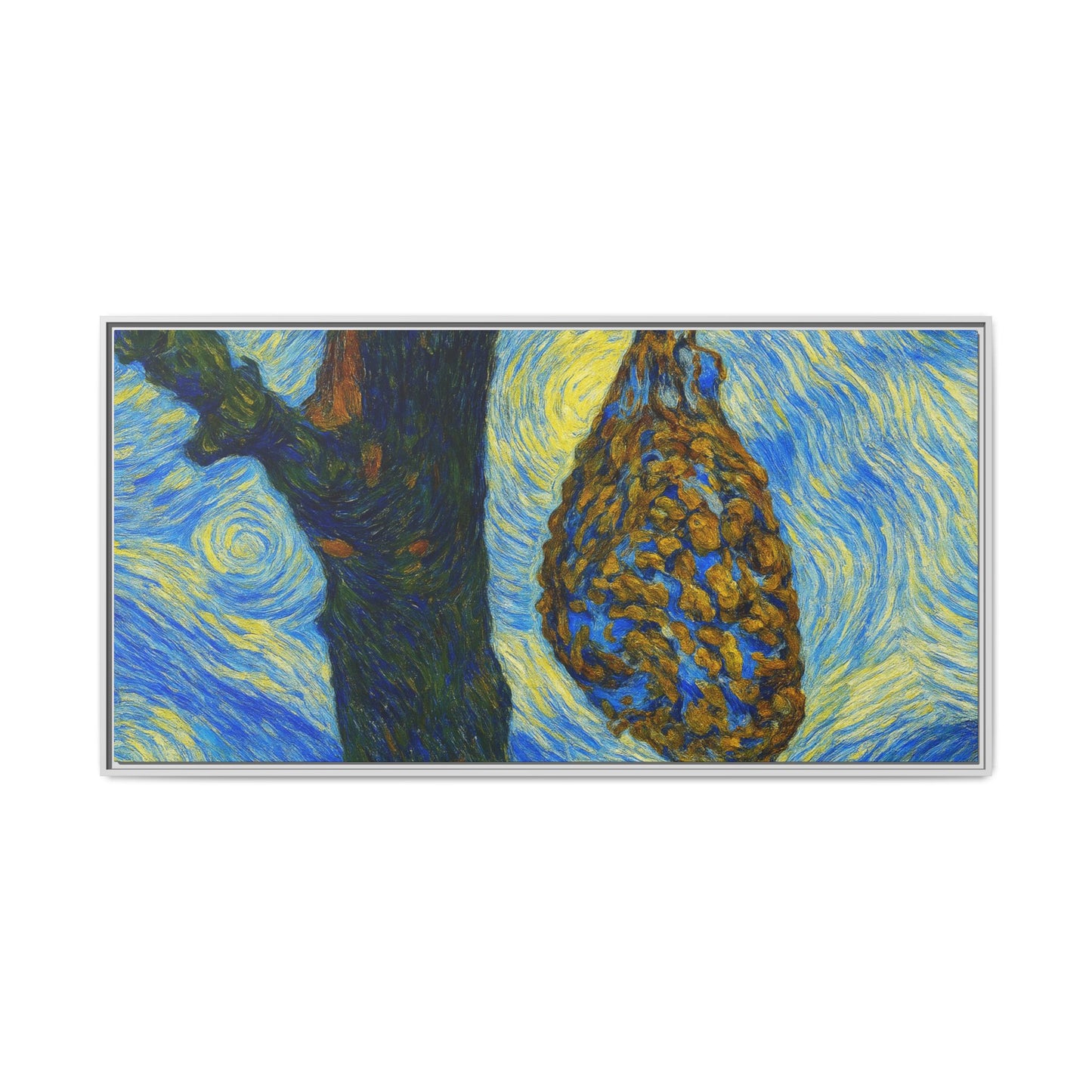 Framed Matte Canvas Art — Van Gogh-Style Swirling Night with Hanging Beehive
