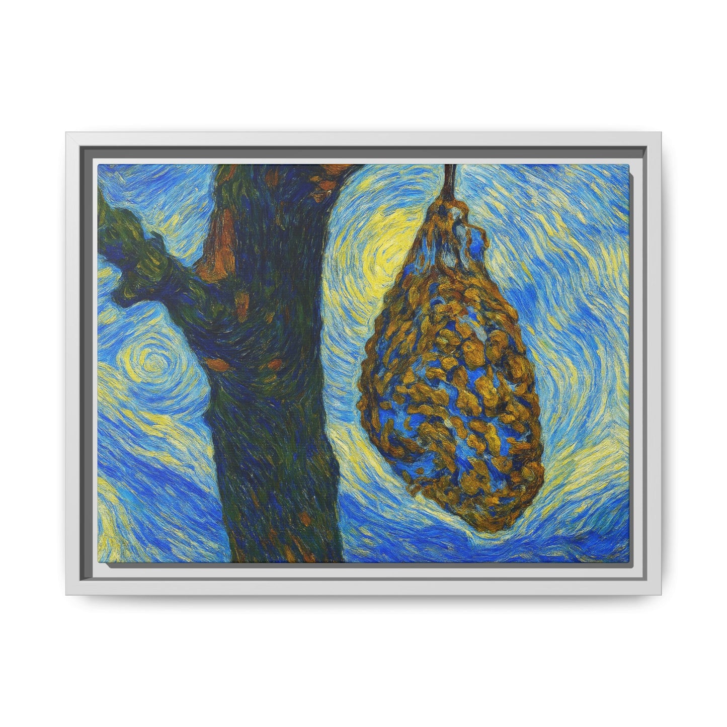 Framed Matte Canvas Art — Van Gogh-Style Swirling Night with Hanging Beehive