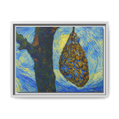 Framed Matte Canvas Art — Van Gogh-Style Swirling Night with Hanging Beehive