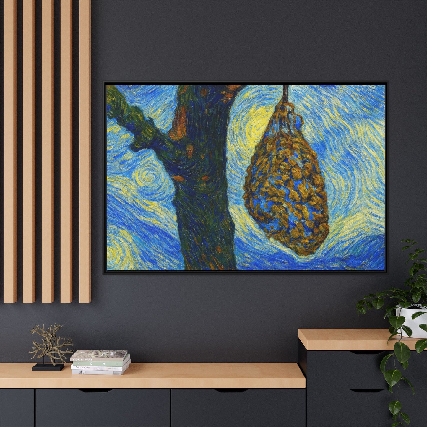 Framed Matte Canvas Art — Van Gogh-Style Swirling Night with Hanging Beehive