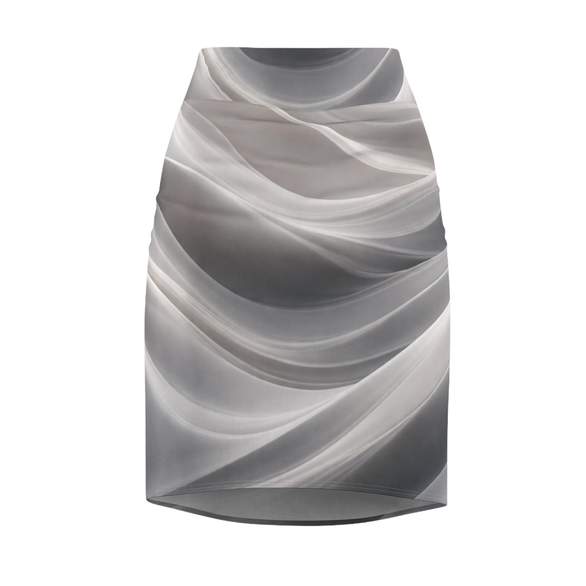 Abstract gray wave pattern pencil skirt with monochrome swirl design, showcasing all-over print by Printify.