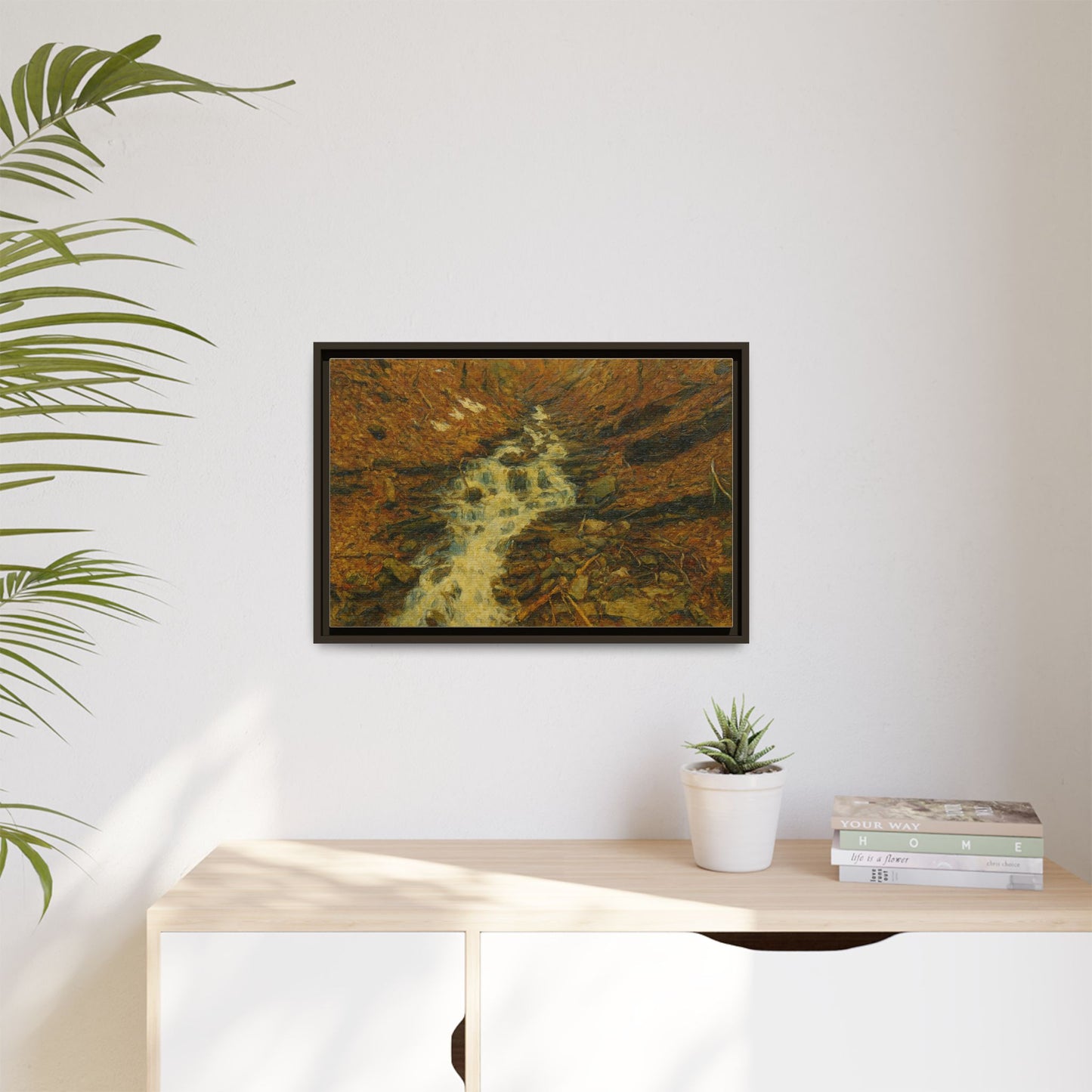 Serene Abstract Nature Canvas Art, Framed Wall Decor, Rustic Home Accent, Earthy Tone Artwork, Tranquil River Scene - TRV