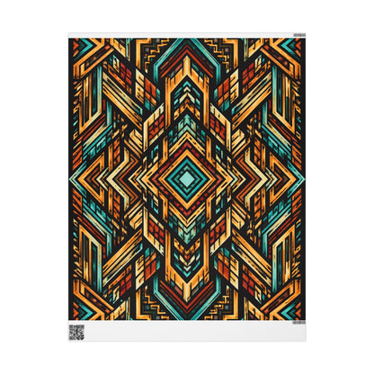 Geometric Boho Wrapping Paper Roll — Teal & Burnt Orange Tribal Pattern