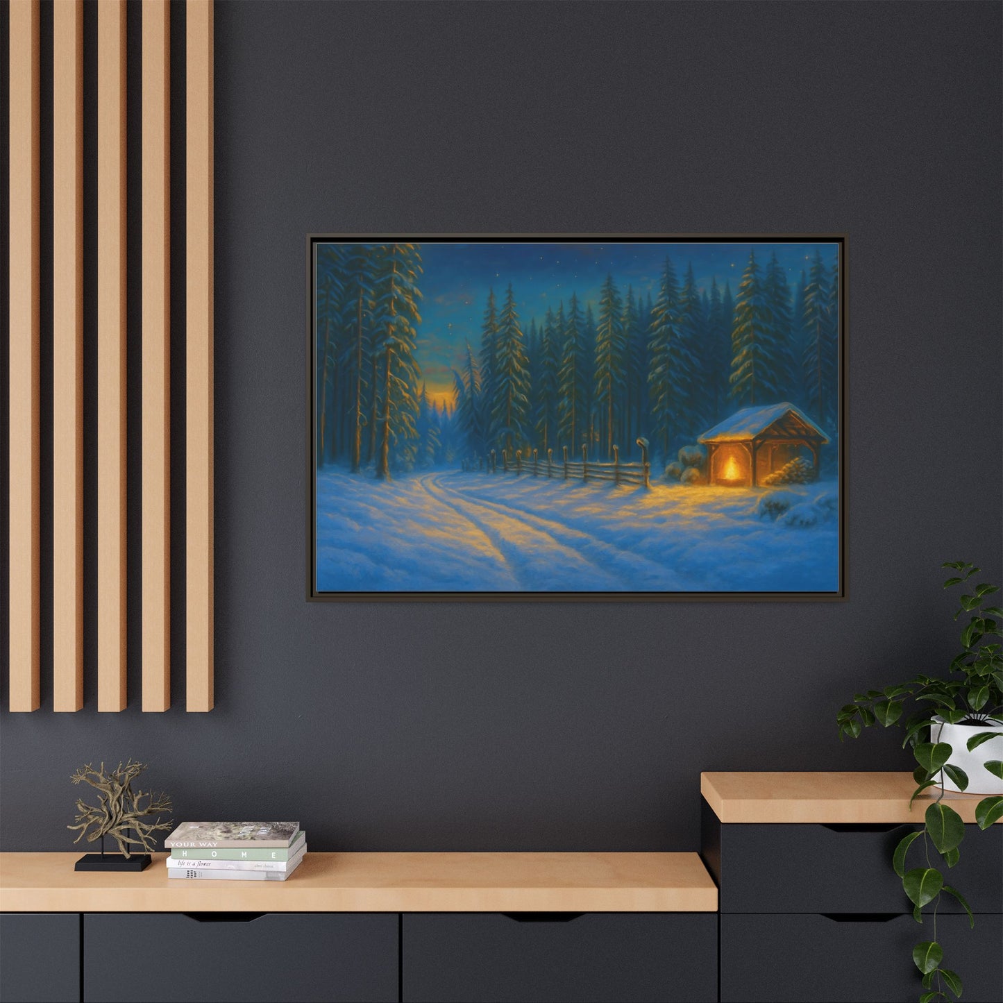 Framed Winter Landscape Canvas, Cozy Cabin Art, Christmas Decor, Winter Home Decor, Holiday Gift, Wall Art - TRV