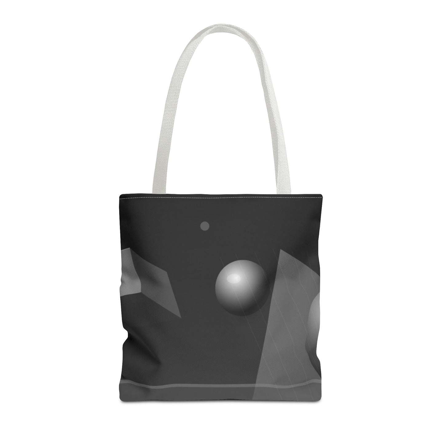 Abstract monochrome orb tote bag featuring a bold, artistic design on durable fabric, ideal for everyday use.
