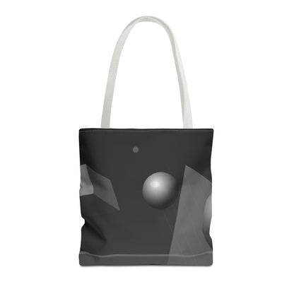 Abstract monochrome orb tote bag featuring a bold, artistic design on durable fabric, ideal for everyday use.