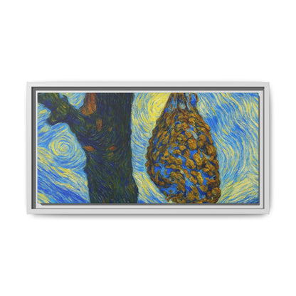 Framed Matte Canvas Art — Van Gogh-Style Swirling Night with Hanging Beehive