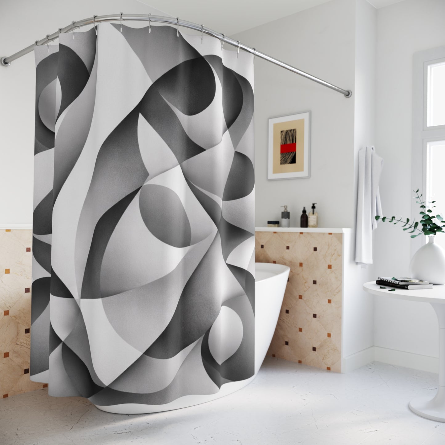 Black and white abstract geometric shower curtain with curved designs, ideal for modern bathroom home decor.