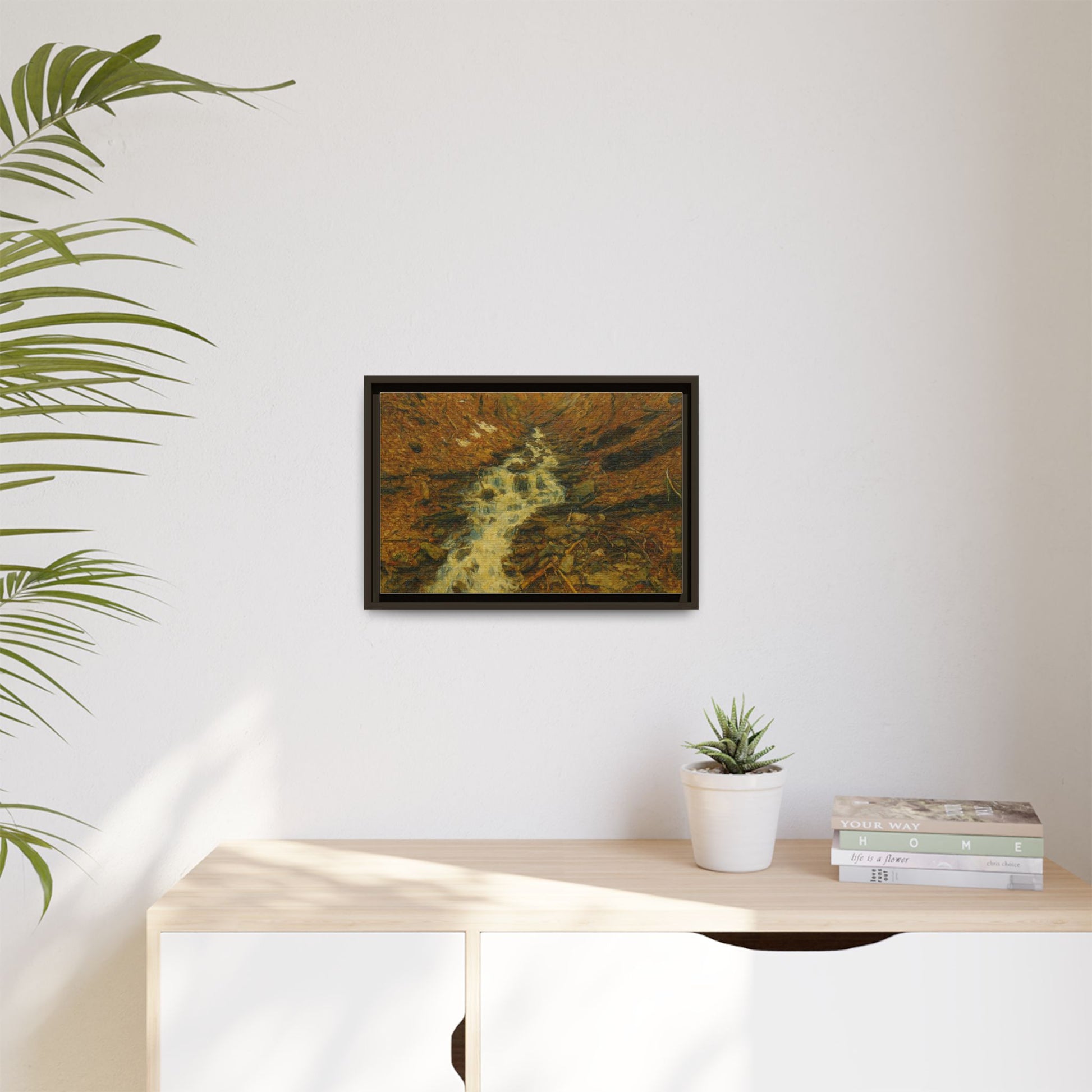 Serene Abstract Nature Canvas Art, Framed Wall Decor, Rustic Home Accent, Earthy Tone Artwork, Tranquil River Scene - TRV