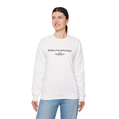 Relaxing UFO Driving Sweatshirt, Funny Gift for UFO Lovers, Unisex Crewneck Pullover, Casual Wear, Space Enthusiast Apparel