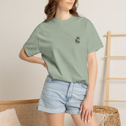 Cozy Cat on Books T-Shirt | Reading Tea Stack Illustration