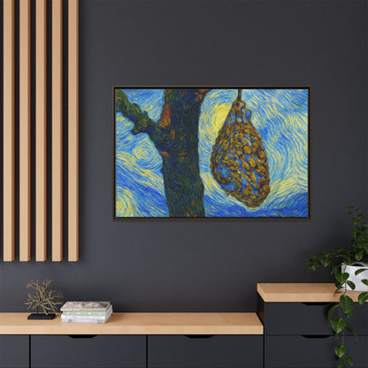Framed Matte Canvas Art — Van Gogh-Style Swirling Night with Hanging Beehive