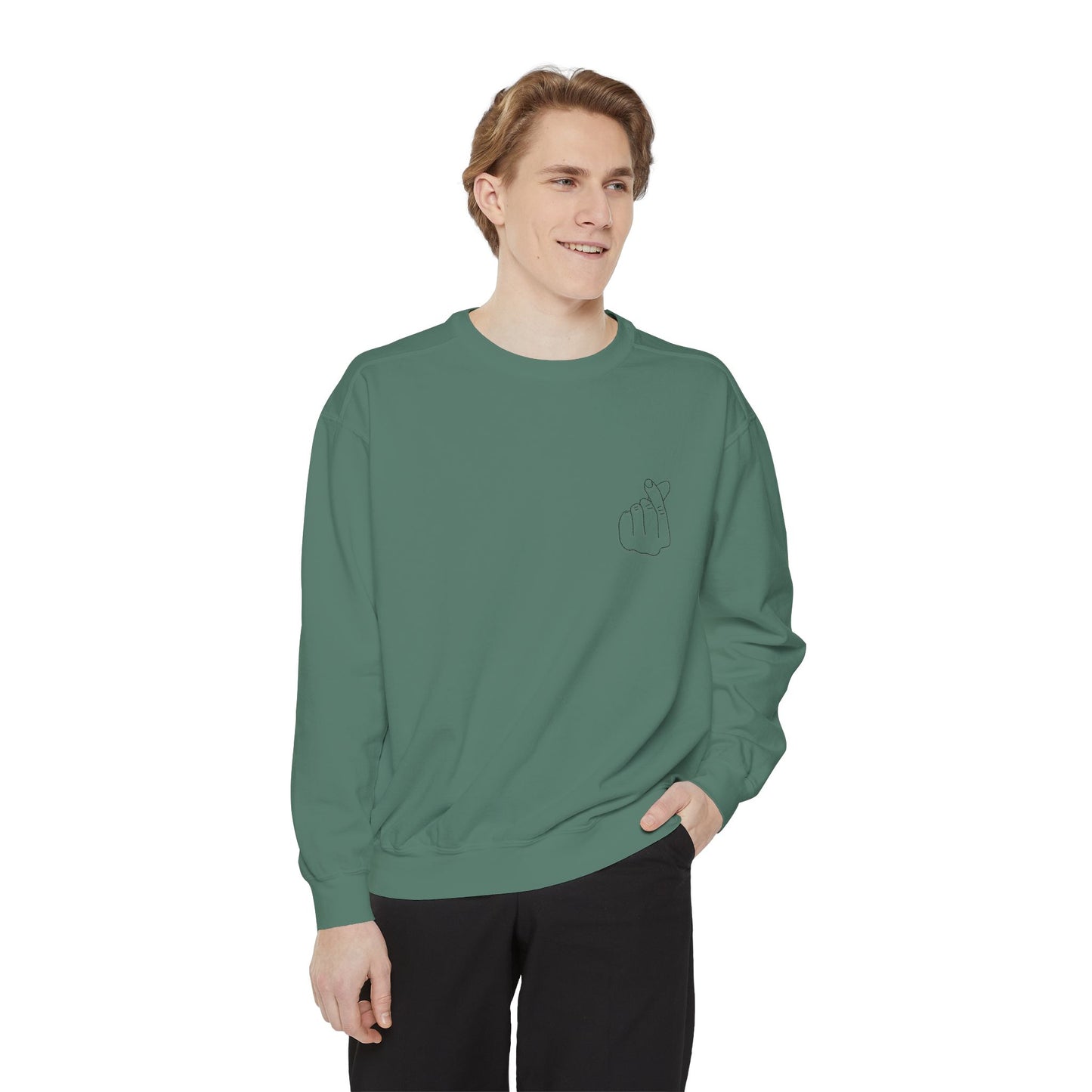 Minimalist Peace Hand Sweatshirt — Small Chest Line Art Crewneck