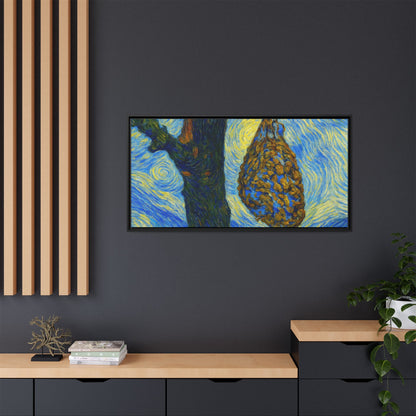 Framed Matte Canvas Art — Van Gogh-Style Swirling Night with Hanging Beehive