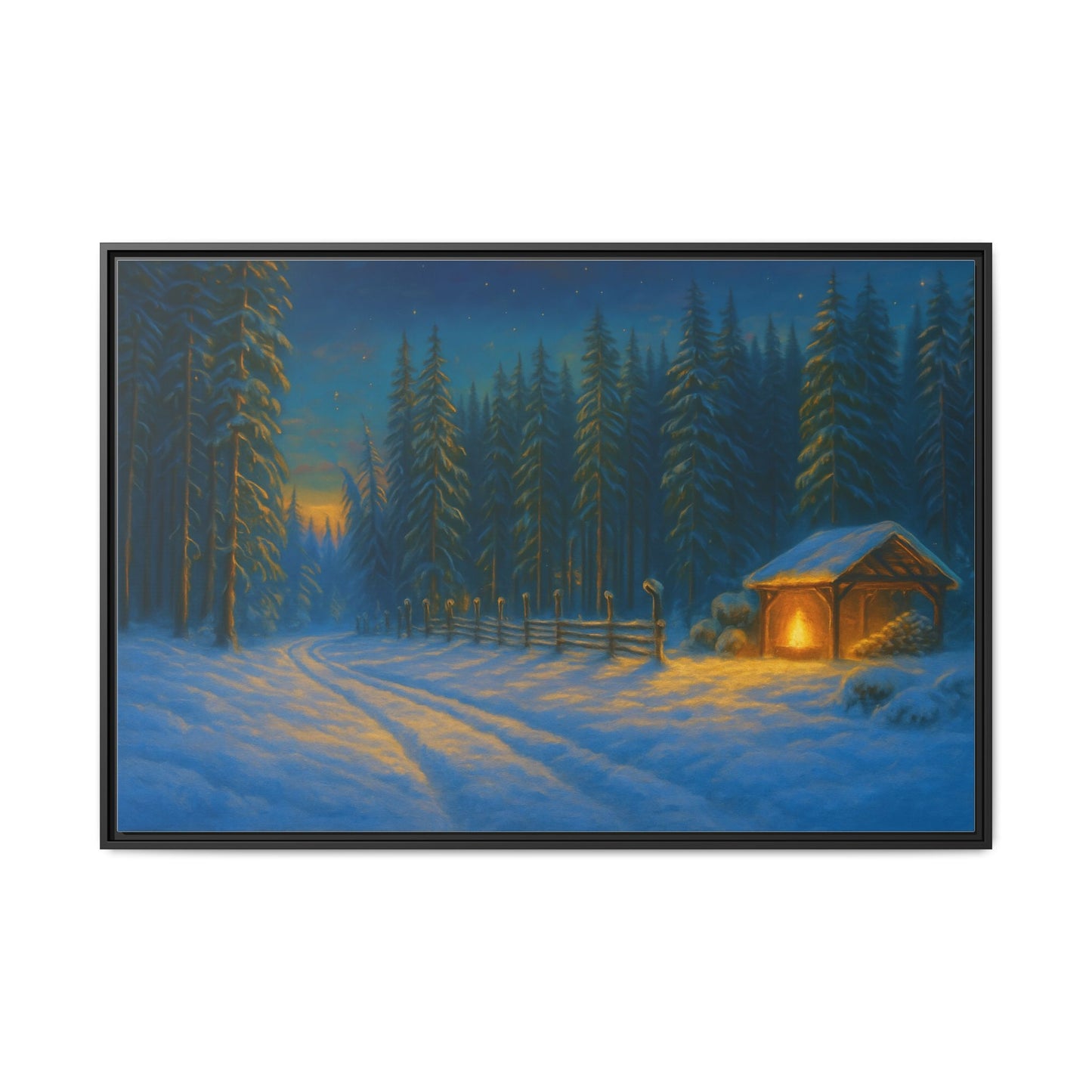 Framed Winter Landscape Canvas, Cozy Cabin Art, Christmas Decor, Winter Home Decor, Holiday Gift, Wall Art - TRV