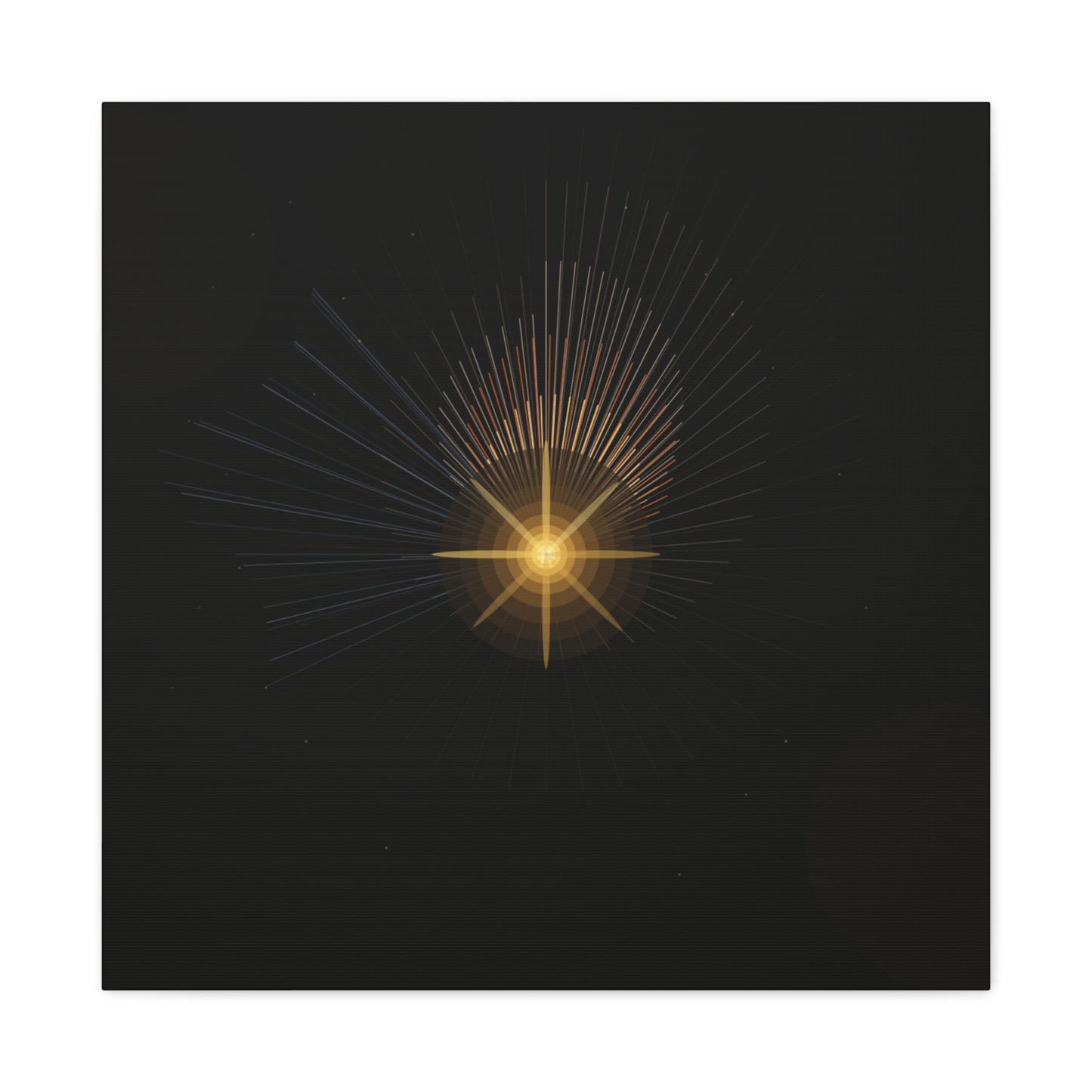 Abstract golden starburst canvas artwork by Printify featuring a vibrant, modern design on a stretched canvas surface.