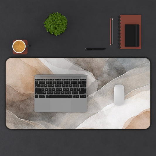 Neutral Watercolor Waves Desk Mat | Abstract Beige Gray Mouse Pad