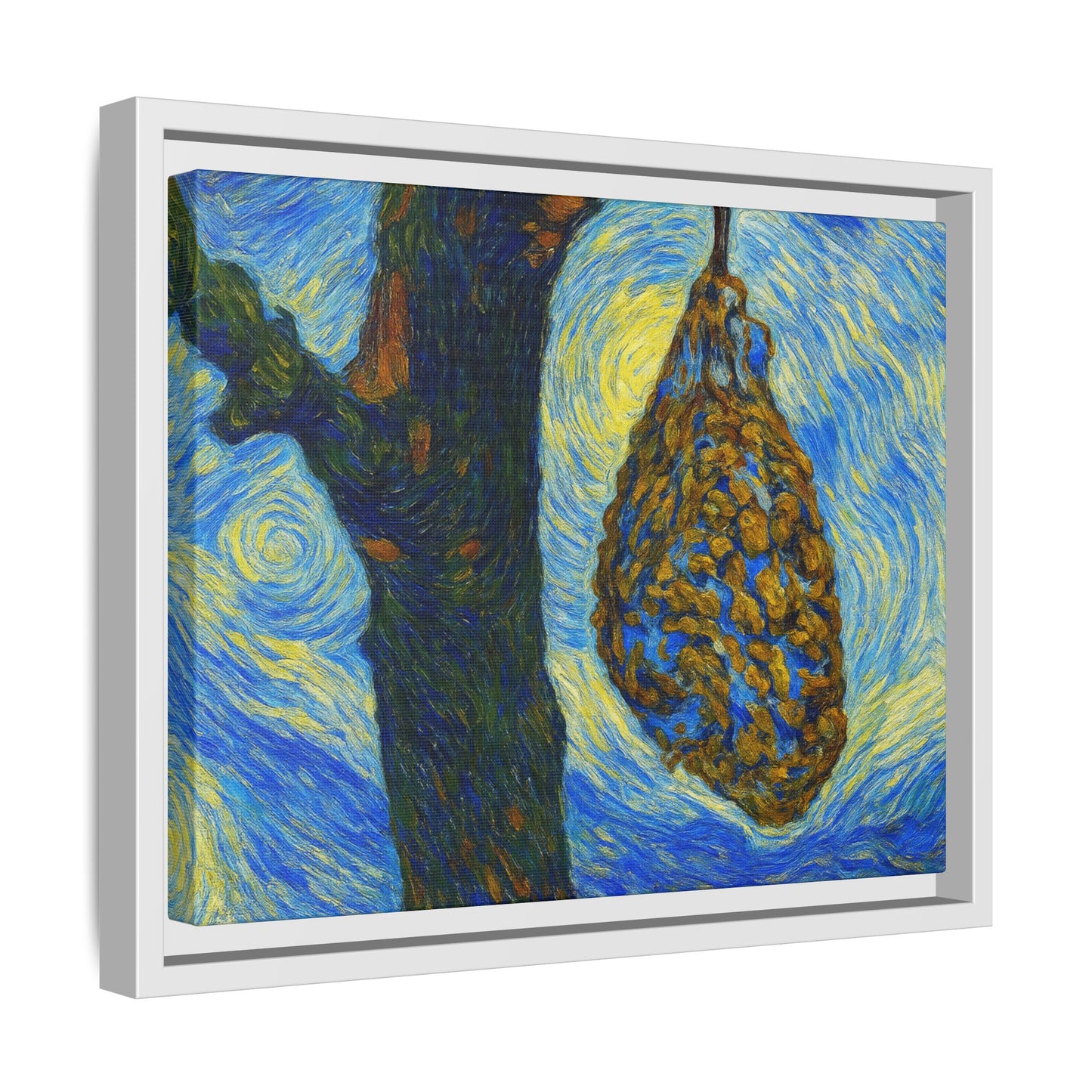 Framed Matte Canvas Art — Van Gogh-Style Swirling Night with Hanging Beehive