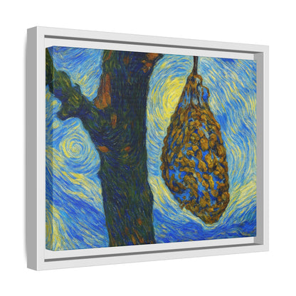 Framed Matte Canvas Art — Van Gogh-Style Swirling Night with Hanging Beehive