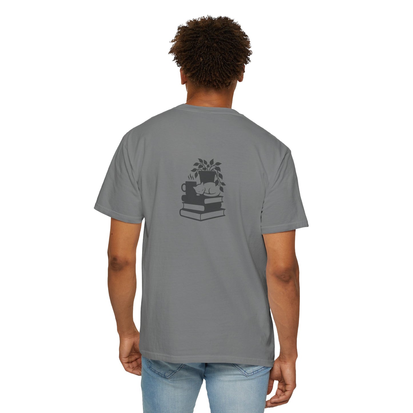 Cozy Cat on Books T-Shirt | Reading Tea Stack Illustration