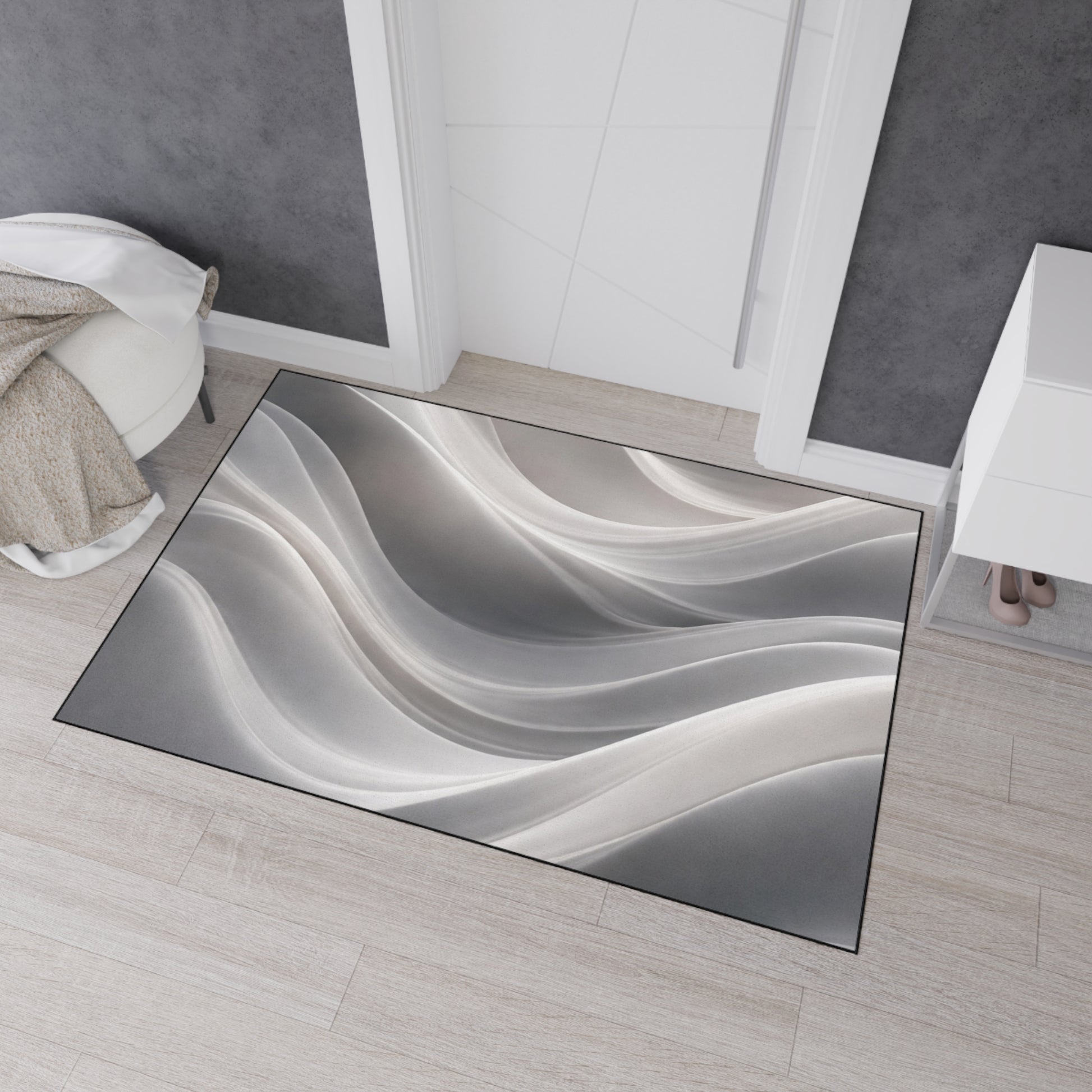 Abstract gray wave floor mat by Printify, modern entryway rug with non-slip backing, stylish home decor for contemporary interiors.