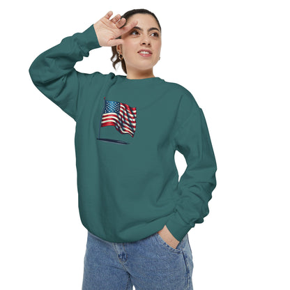 Patriotic Unisex Garment-Dyed Sweatshirt with Vintage American Flag, Cozy Fall Outfit, Statement Sweater, Gift for Veterans, Casual Fashion - TRV