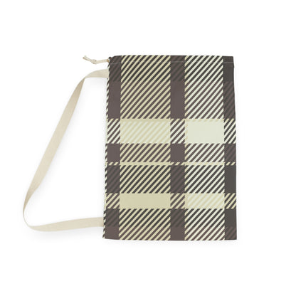 Plaid Laundry Bag — Beige & Brown Drawstring Wash Tote