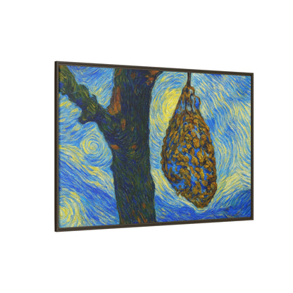 Framed Matte Canvas Art — Van Gogh-Style Swirling Night with Hanging Beehive