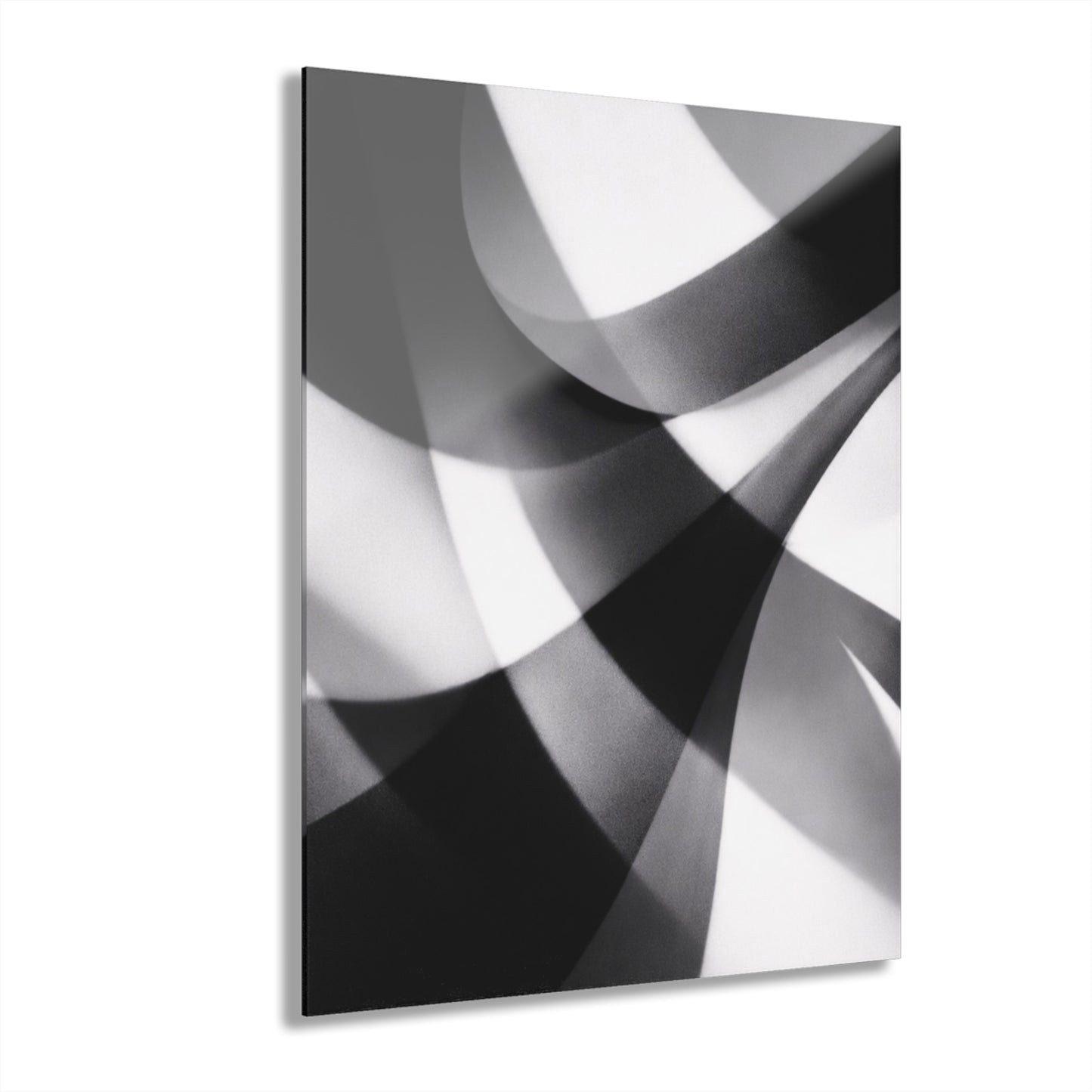 Abstract black and white geometric acrylic wall art print with French cleat hanging system for modern home decor.