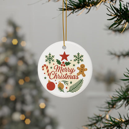 Merry Christmas Ceramic Ornament — Double-Sided Holiday Tree Decoration (Gingerbread & Candy Cane Design)