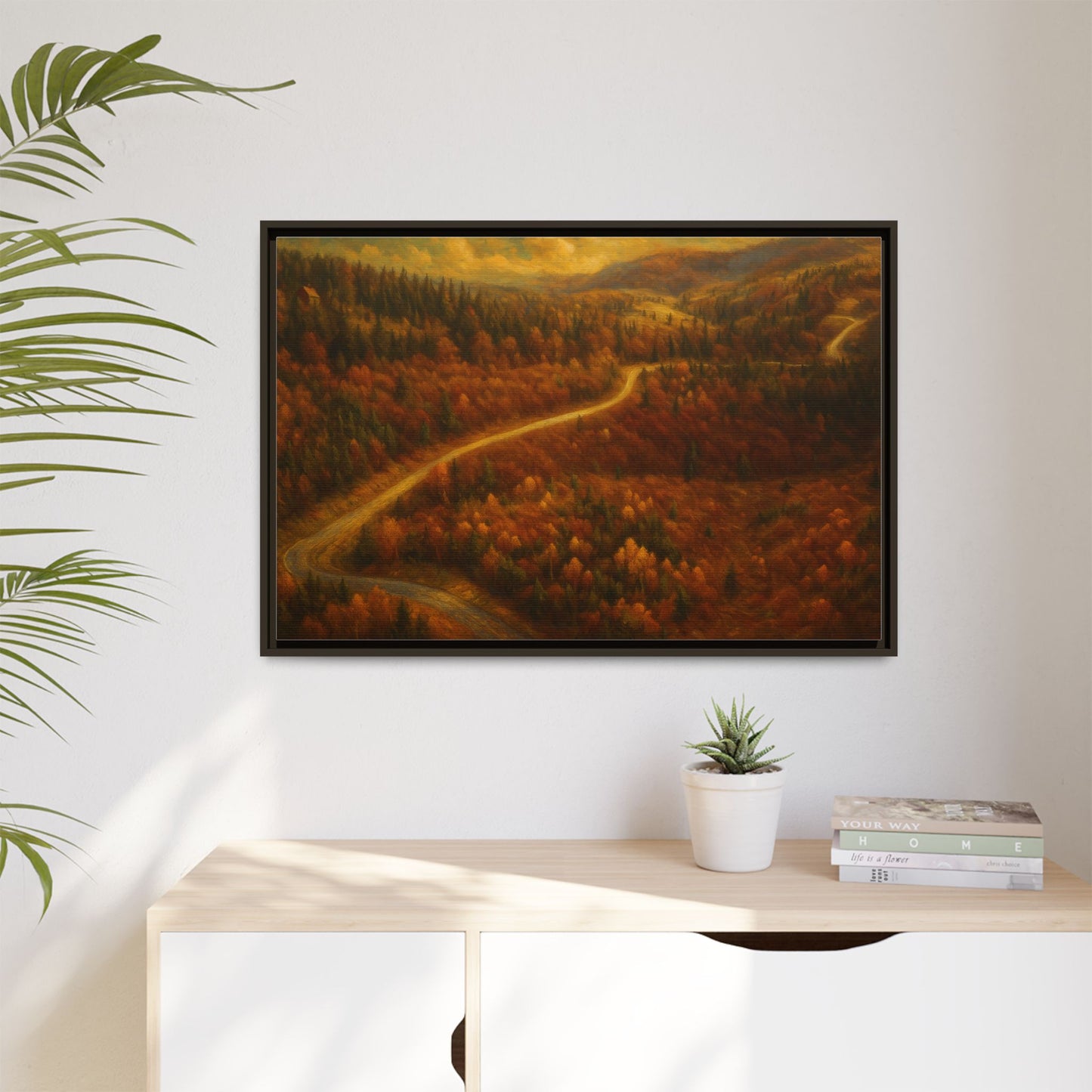 Autumn Landscape Framed Canvas Art, Cozy Home Decor, Warm Fall Vibes, Gift for Nature Lovers, Perfect for Thanksgiving - TRV